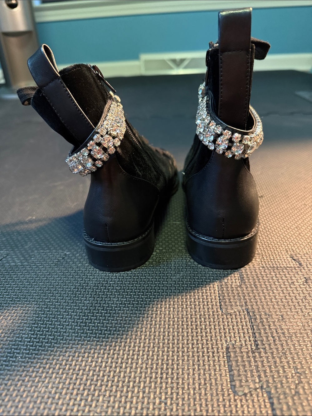 White House Black Market Black Velvet Lace-Up Ankle Boots with Crystal Strap - Picture 2 of 6
